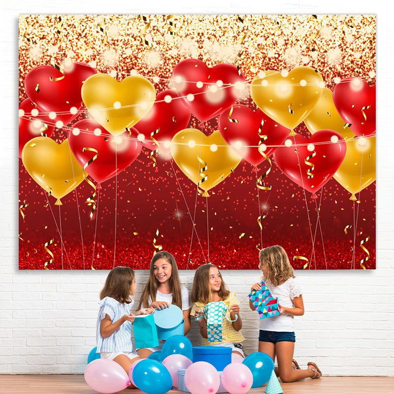 Lofaris Red And Yellow Ballons Glitter Birthday Party Backdrop
