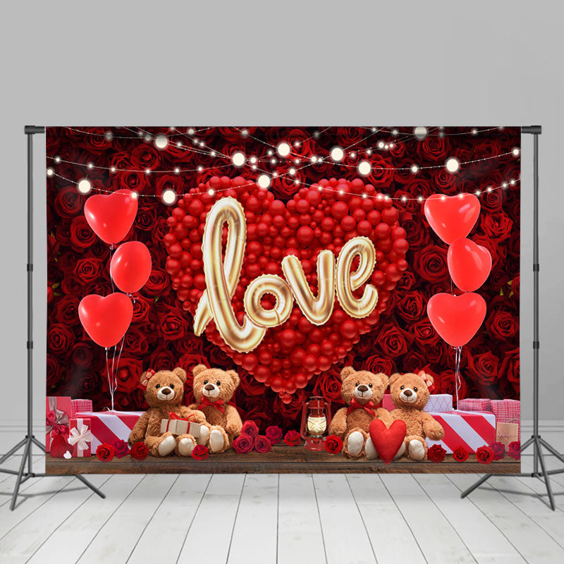 Lofaris Red Ballon And Floral Teddy Bear Valentines Backdrop
