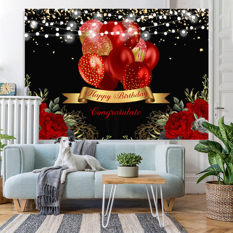 Lofaris Red Balloon Rose Happy Birthday Gold Glitter Lights Black Backdrop