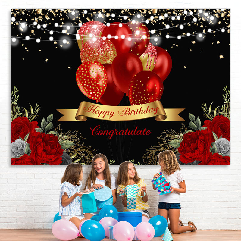 Lofaris Red Balloon Rose Happy Birthday Gold Glitter Lights Black Backdrop