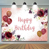 Lofaris Red Balloons And Floral Glitter Happy Birthday Backdrop