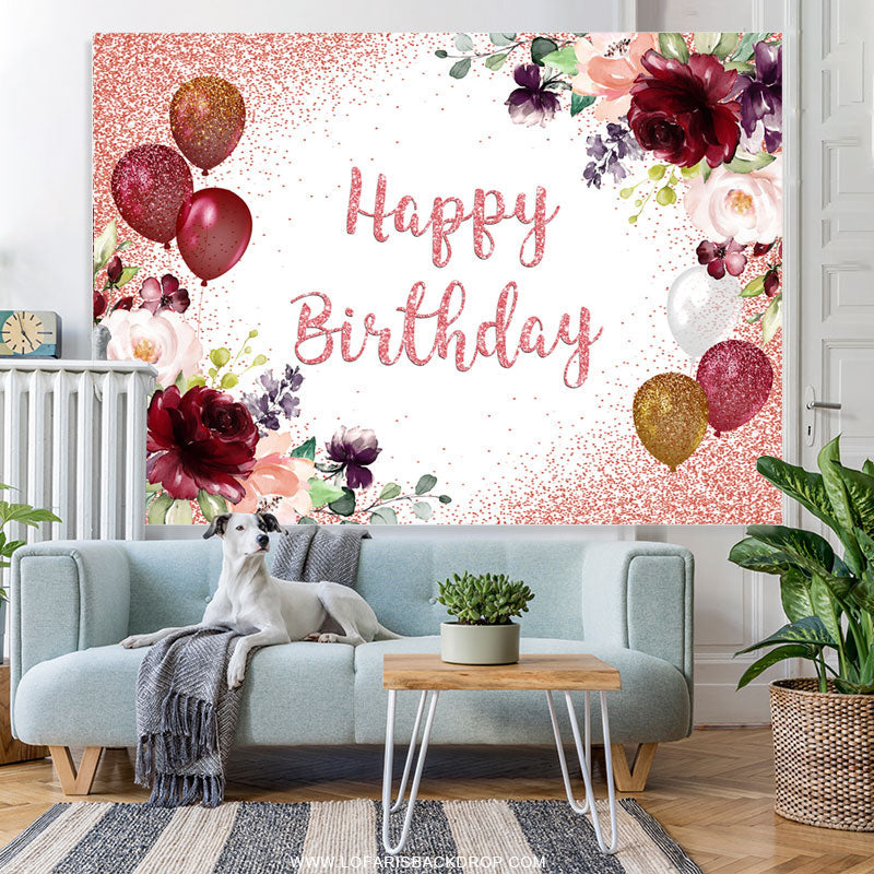 Lofaris Red Balloons And Floral Glitter Happy Birthday Backdrop
