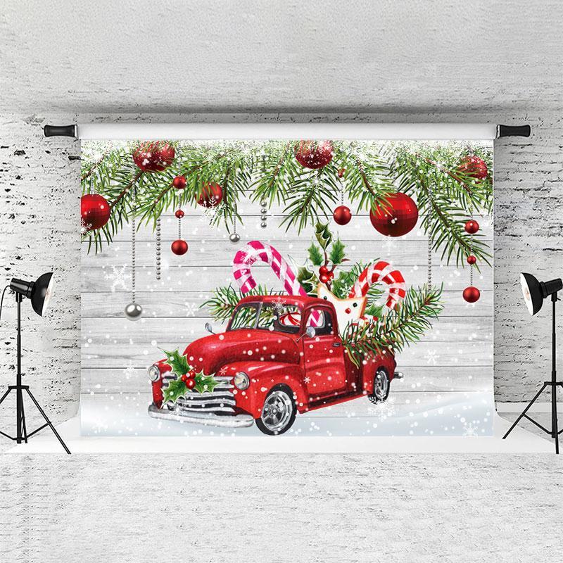 Lofaris Red Car And Chrismas Party Ball Glitter Wood Backdrop