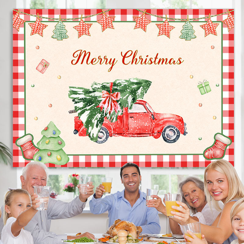 Lofaris Red Car with A Christmas Tree Party Backdrop