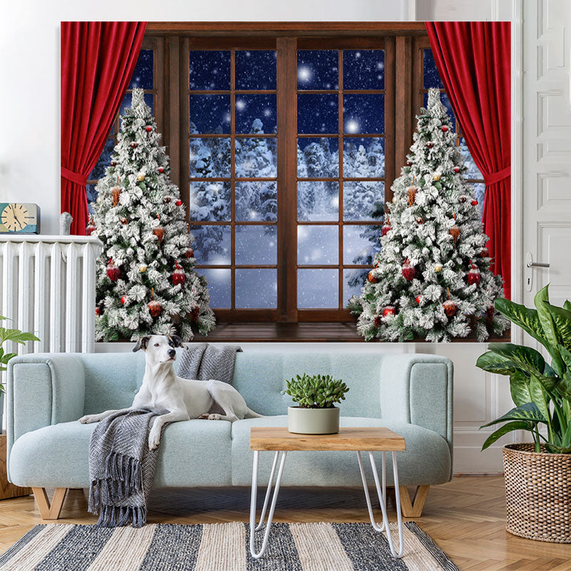 Lofaris Red Curtain Christmas Tree Door Snow Forest Backdrop