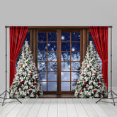 Lofaris Red Curtain Christmas Tree Door Snow Forest Backdrop