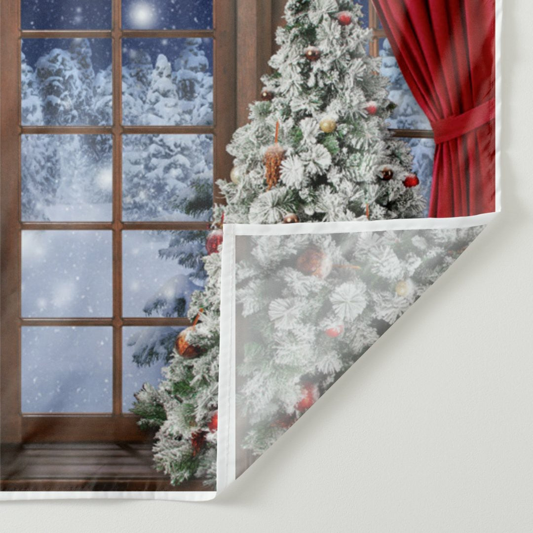 Lofaris Red Curtain Christmas Tree Door Snow Forest Backdrop