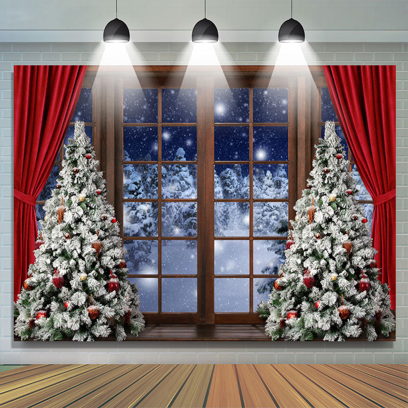 Lofaris Red Curtain Christmas Tree Door Snow Forest Backdrop