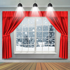 Lofaris Red Curtain White Window With Snowy Winter Backdrop