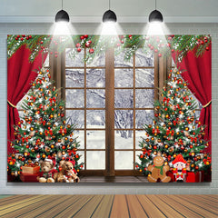 Lofaris Red Curtain Wood Windows Winter Merry Christmas Backdrop