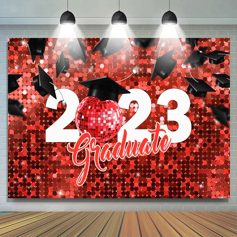 Lofaris Red Disco Bokeh Fallen Hat Graduate 2023 Backdrop