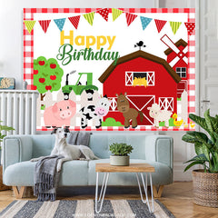 Lofaris Red Farm House And Animals Happy Birthday Backdrop