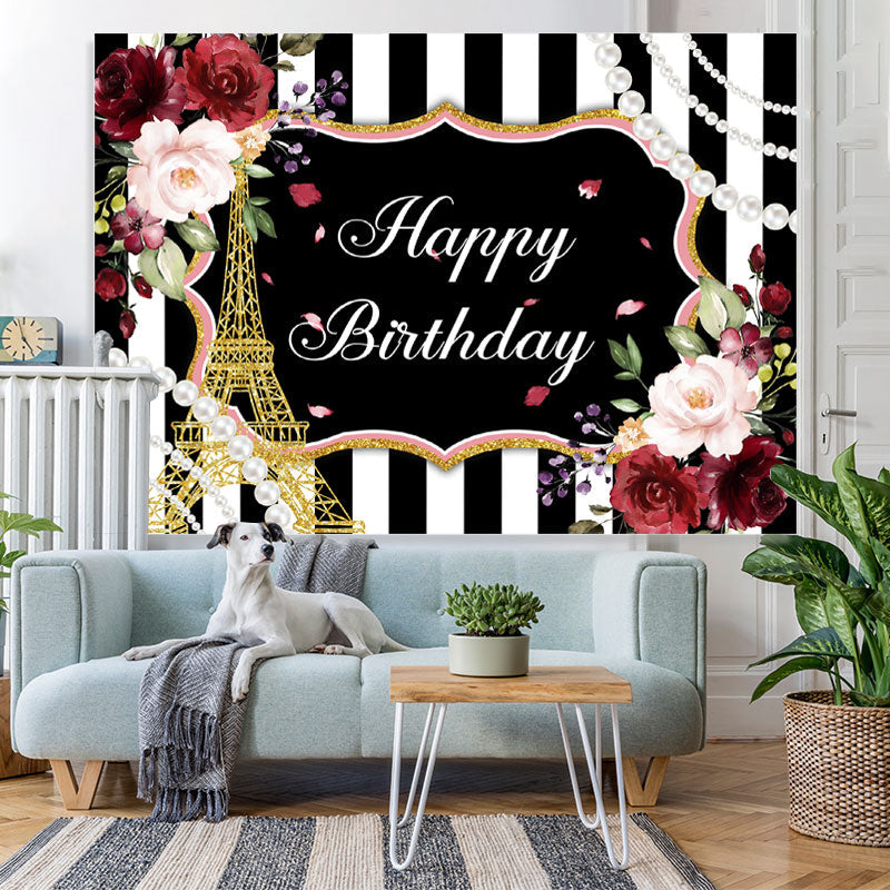 Lofaris Red Floral And Glitter Eiffel Tower Birthday Backdrop