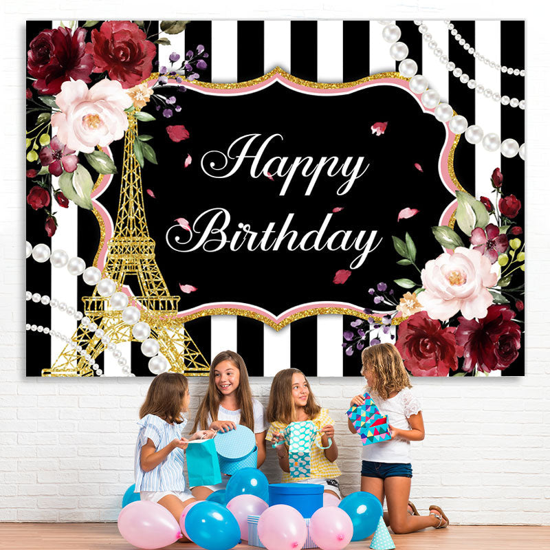 Lofaris Red Floral And Glitter Eiffel Tower Birthday Backdrop