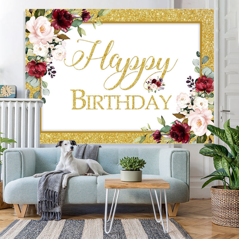 Lofaris Red Floral And Golden Glitter Happy Birthday Backdrop