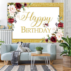 Lofaris Red Floral And Golden Glitter Happy Birthday Backdrop