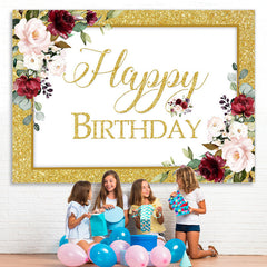 Lofaris Red Floral And Golden Glitter Happy Birthday Backdrop