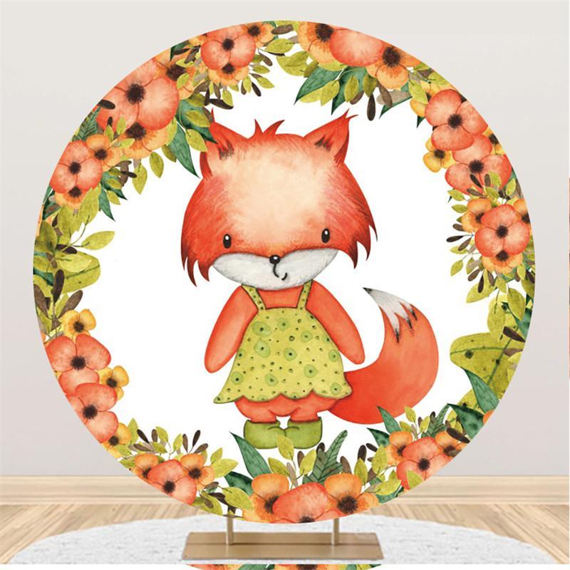 Lofaris Red Floral Circle Fox Cartoon Round Backdrops for Girls