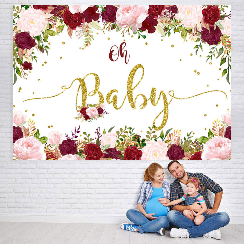 Lofaris Red Floral with Glitter Baby Shower Backdrop For Girl