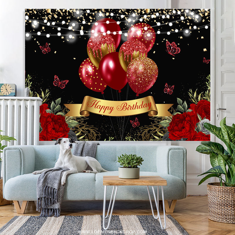 Lofaris Red Glitter Butterfly Gold Happy Birthday Backdrop