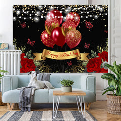 Lofaris Red Glitter Butterfly Gold Happy Birthday Backdrop