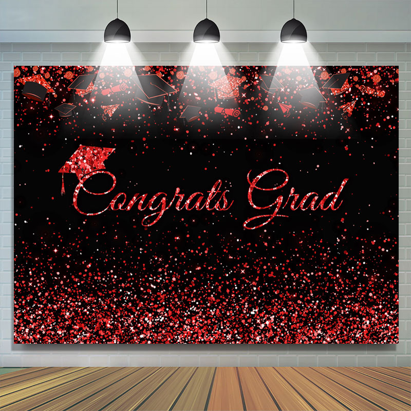 Lofaris Red Glitter Dots Black Congrats Graduation Backdrop