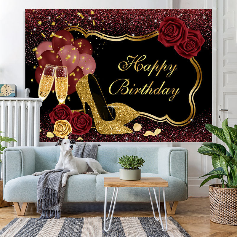 Lofaris Red Glitter Floral Balloon Happy Birthday Backdrop