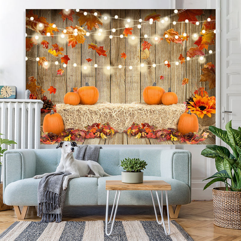 Lofaris Red Maple Leaves and Pumpkin Wood Backdrop for Autumn