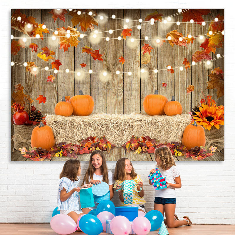 Lofaris Red Maple Leaves and Pumpkin Wood Backdrop for Autumn