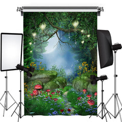 Lofaris Red Mushrooms Glitter Lights Spring Night Backdrop