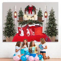 Lofaris Red Pillow Christmas Tree Lights Photo Backdrop for Family