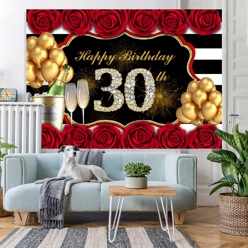 Lofaris Red Rose And Gold Balloon Happy 30Th Birthday Backdrop