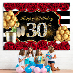 Lofaris Red Rose And Gold Balloon Happy 30Th Birthday Backdrop