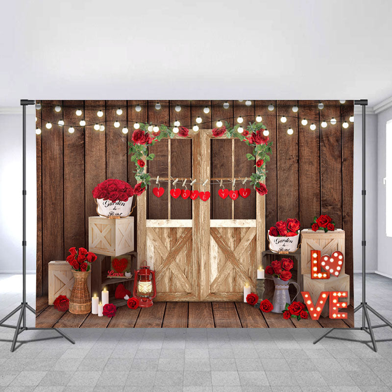 Lofaris Red Rose And Light Wood Door Backdrop For Decoration