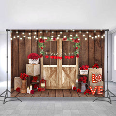 Lofaris Red Rose And Light Wood Door Backdrop For Decoration