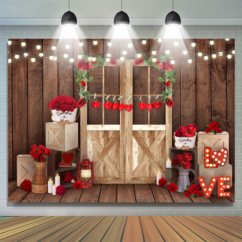 Lofaris Red Rose And Light Wood Door Backdrop For Decoration