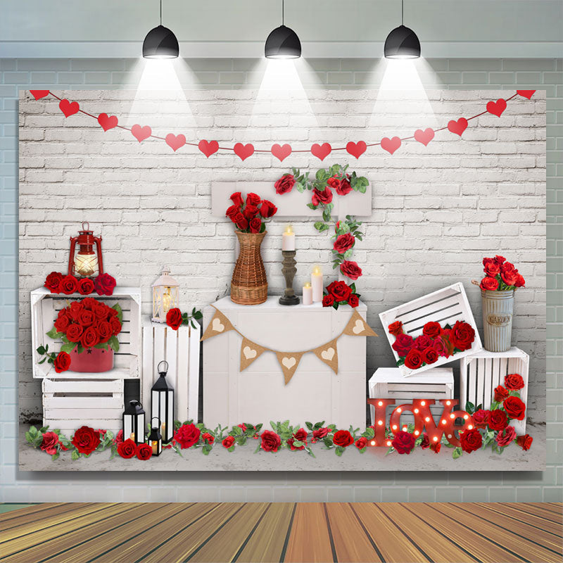 Lofaris Red Rose And White Brick Theme Backdrop For Decoration