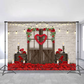 Lofaris Red Rose And Wood Door Brick Backdrop For Decoration