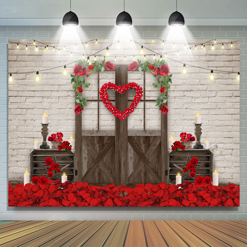 Lofaris Red Rose And Wood Door Brick Backdrop For Decoration