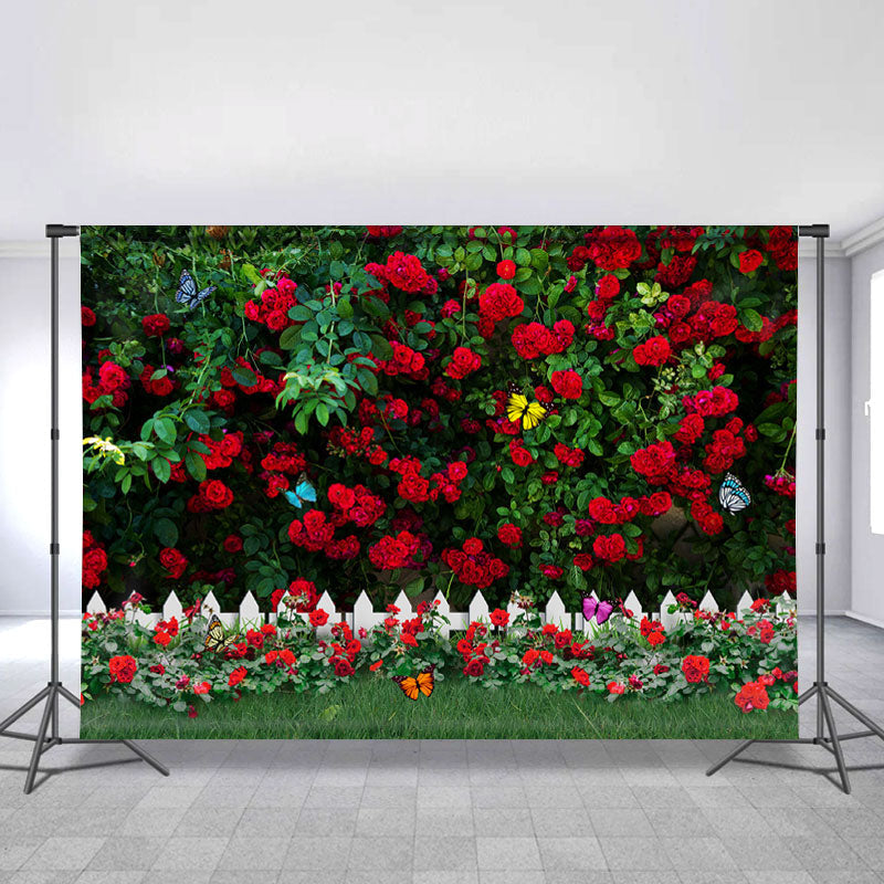Lofaris Red Rose Green Leaves Butterfly Garden Spring Backdrop