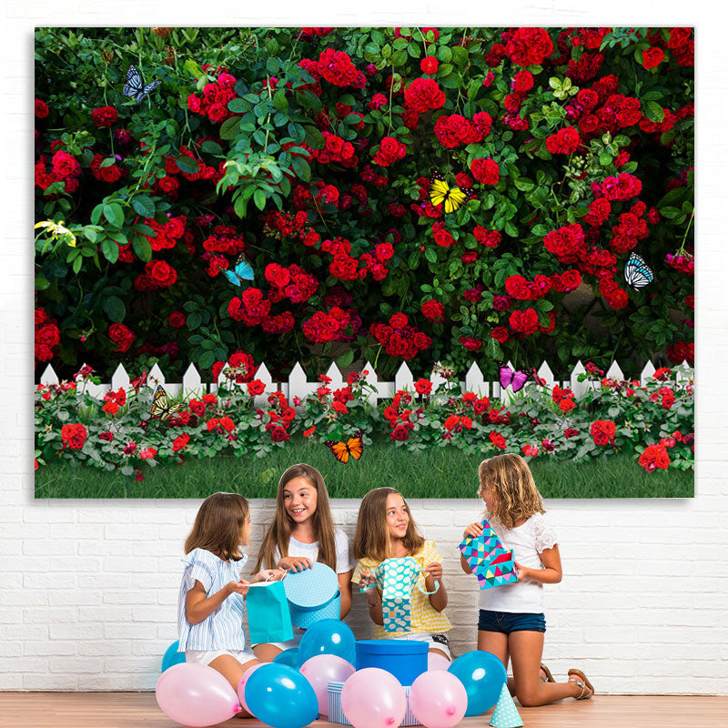 Lofaris Red Rose Green Leaves Butterfly Garden Spring Backdrop