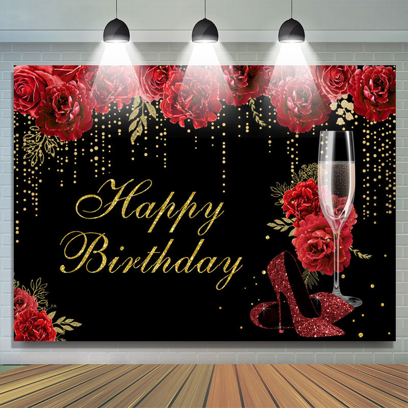 Lofaris Red Rose High Heel Glass Happy Birthday Backdrop