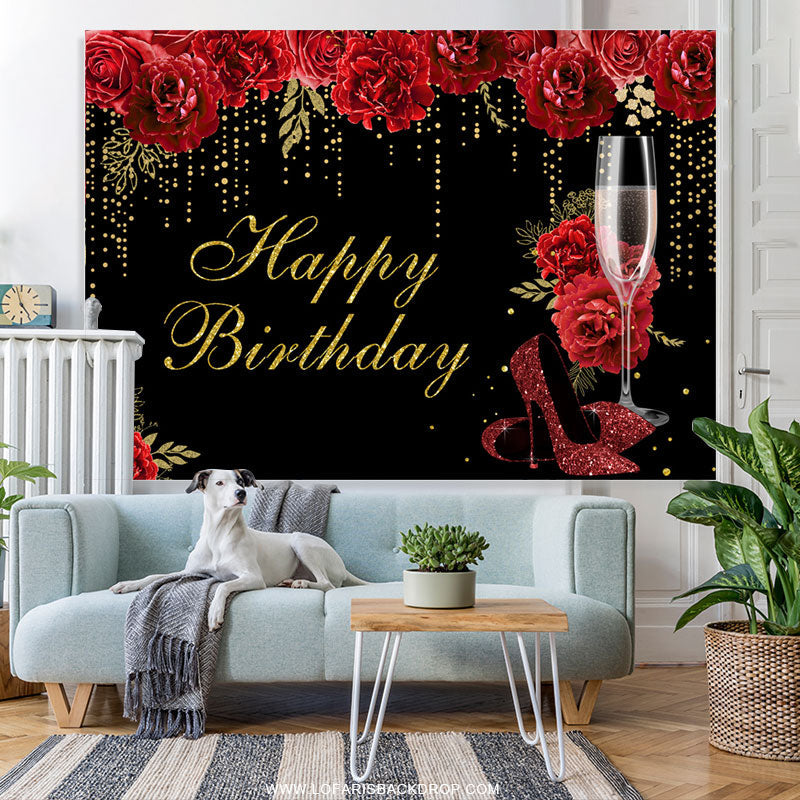 Lofaris Red Rose High Heel Glass Happy Birthday Backdrop