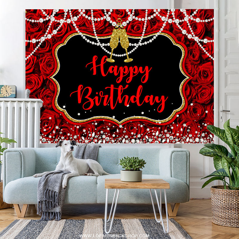 Lofaris Red Rose Pearl Champagne Birthday Backdrop for Woman
