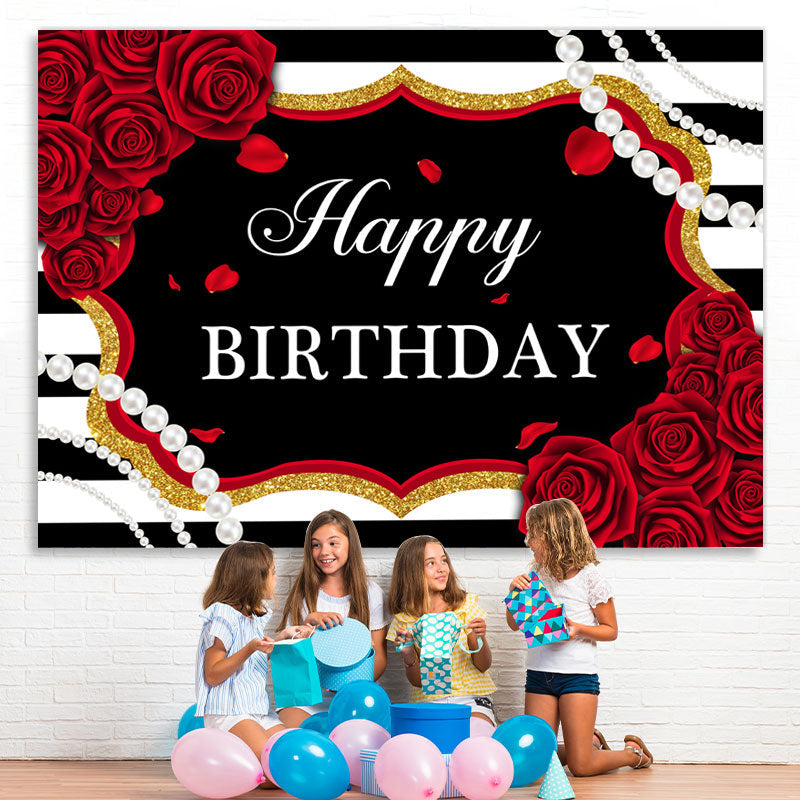 Lofaris Red Roses White And Black Stripe Pearl Birthday Backdrop