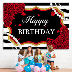 Lofaris Red Roses White And Black Stripe Pearl Birthday Backdrop