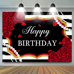 Lofaris Red Roses White And Black Stripe Pearl Birthday Backdrop