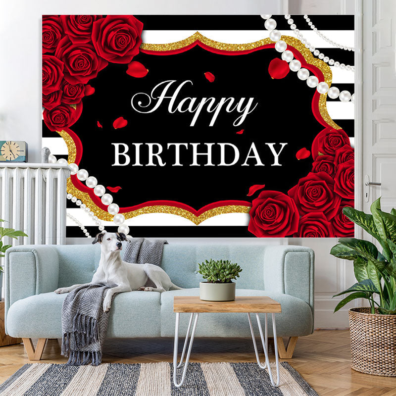 Lofaris Red Roses White And Black Stripe Pearl Birthday Backdrop
