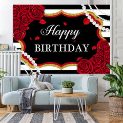 Lofaris Red Roses White And Black Stripe Pearl Birthday Backdrop