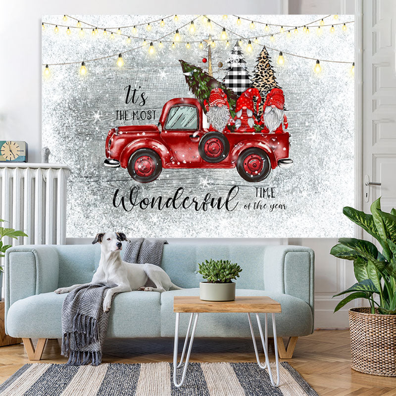 Lofaris Red Truck and Three Dwarfs Snow Christmas Backdrop